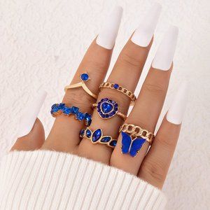 3/$35 6 Piece Joint Knuckle Rings Set Stackable Gold Blue Heart Charm Crystal